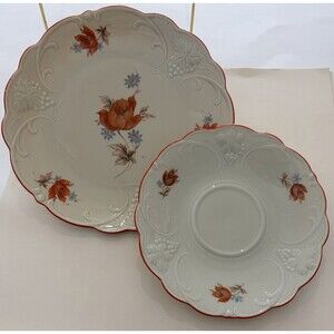Haviland France Bread Plate & Saucer Orange Floral Scalloped Embossed Vintage